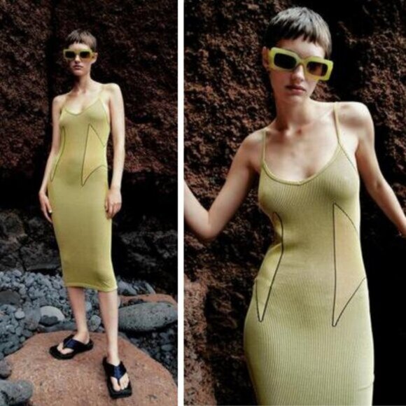 Zara Bodycon Ribbed Stretch Dress Yellow Black Size XS - Picture 1 of 6